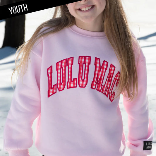 Girls Lulu Mac Stitched Sweatshirt Pink with Red Gingham