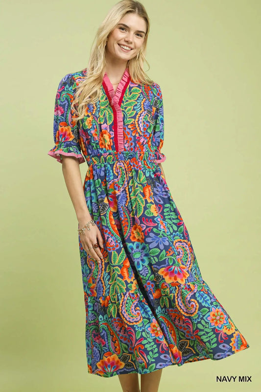 Mix Floral Midi Dress with Ruffle Trim