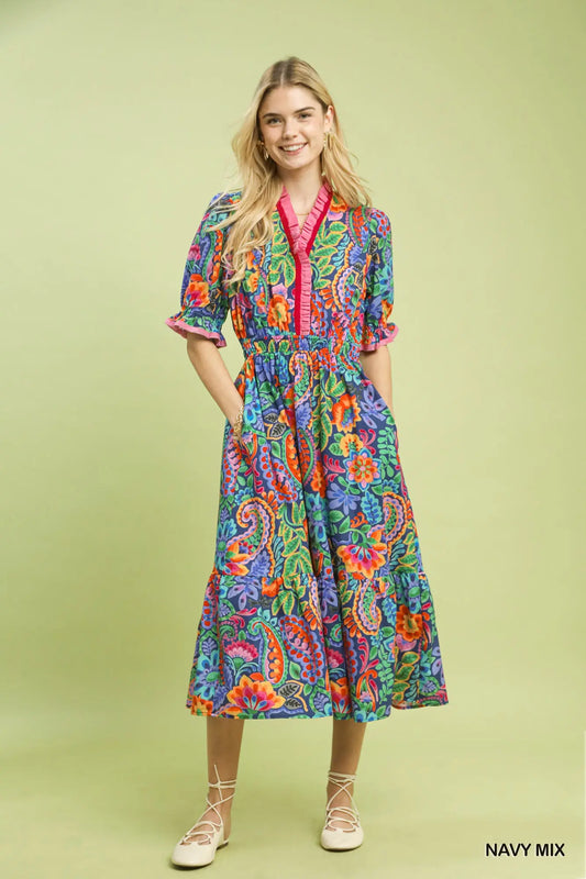 Mix Floral Midi Dress with Ruffle Trim