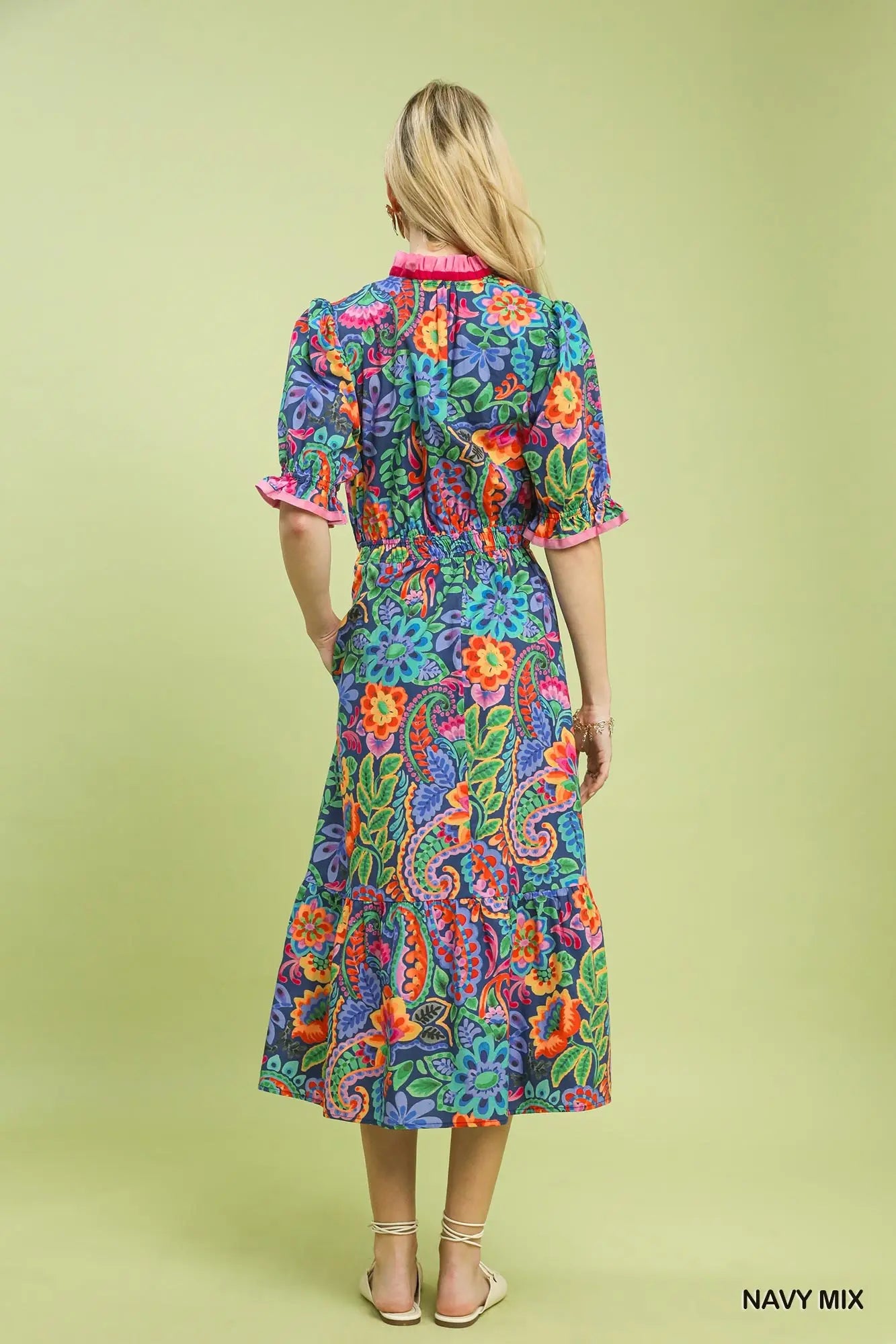 Mix Floral Midi Dress with Ruffle Trim