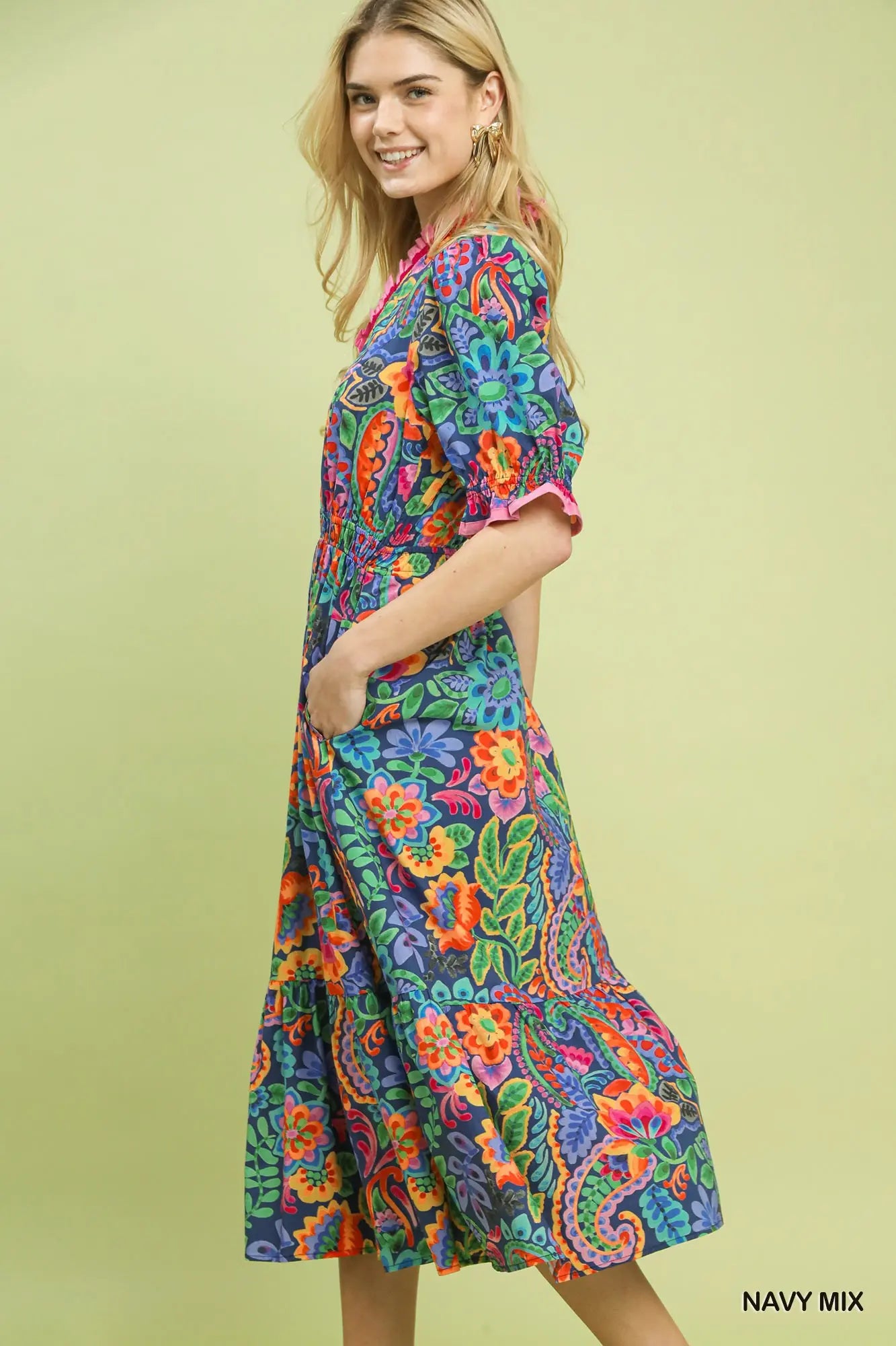 Mix Floral Midi Dress with Ruffle Trim