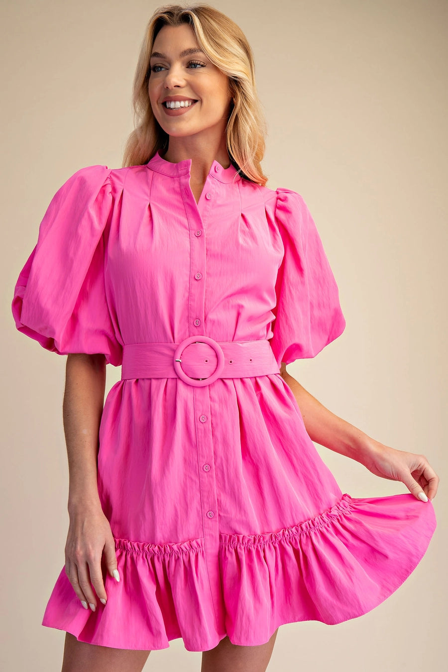Short-Sleeve Button-Front Belted Mini Dress