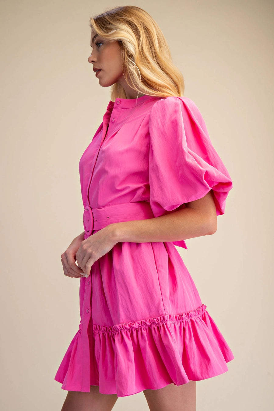 Short-Sleeve Button-Front Belted Mini Dress