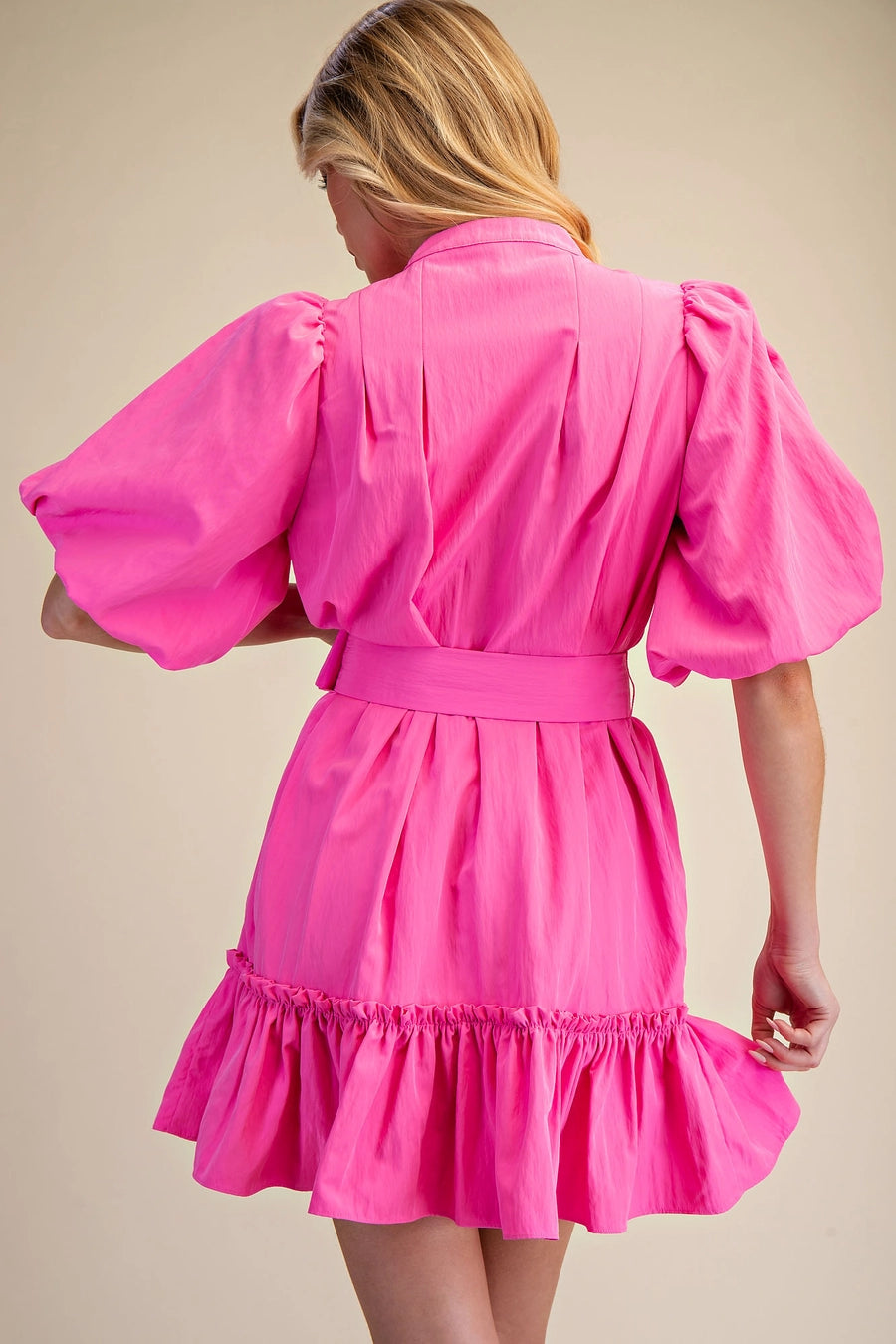 Short-Sleeve Button-Front Belted Mini Dress