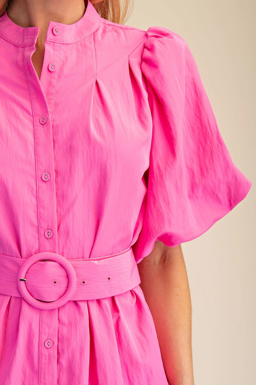Short-Sleeve Button-Front Belted Mini Dress