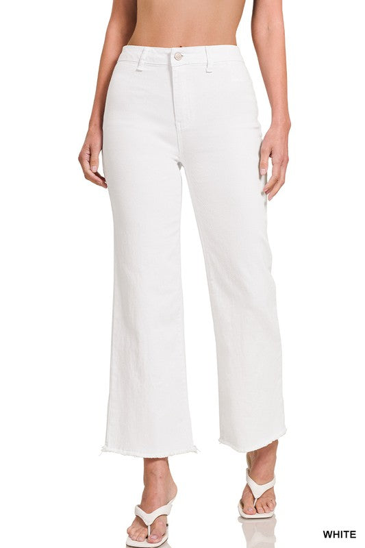 Zenana Acid Wash Frayed Hem Cropped Wide Pants