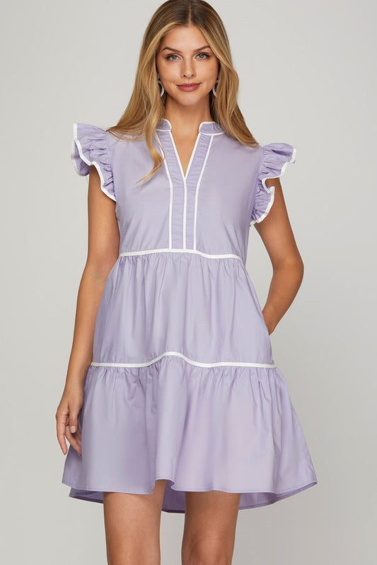 Ruffle Sleeve Piping Detail Dress