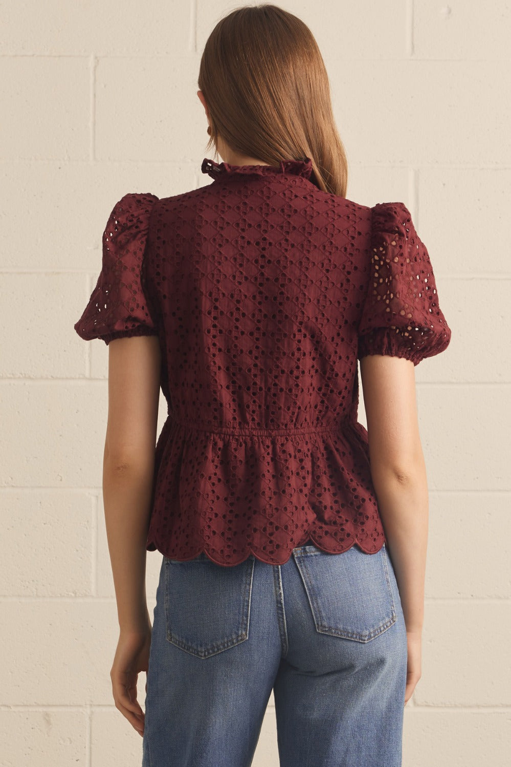 Puff Sleeve Eyelet Top-Burgundy