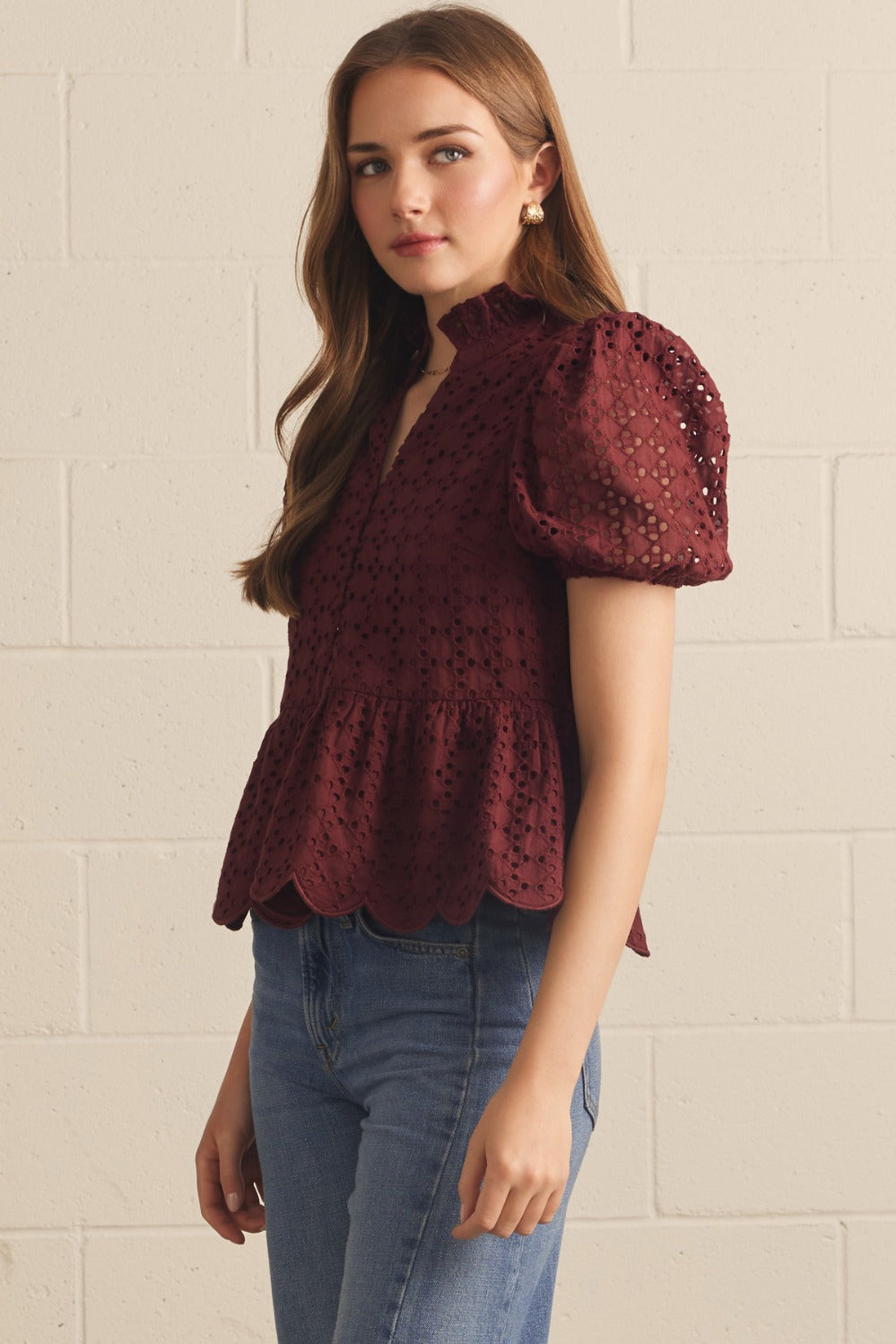 Puff Sleeve Eyelet Top-Burgundy
