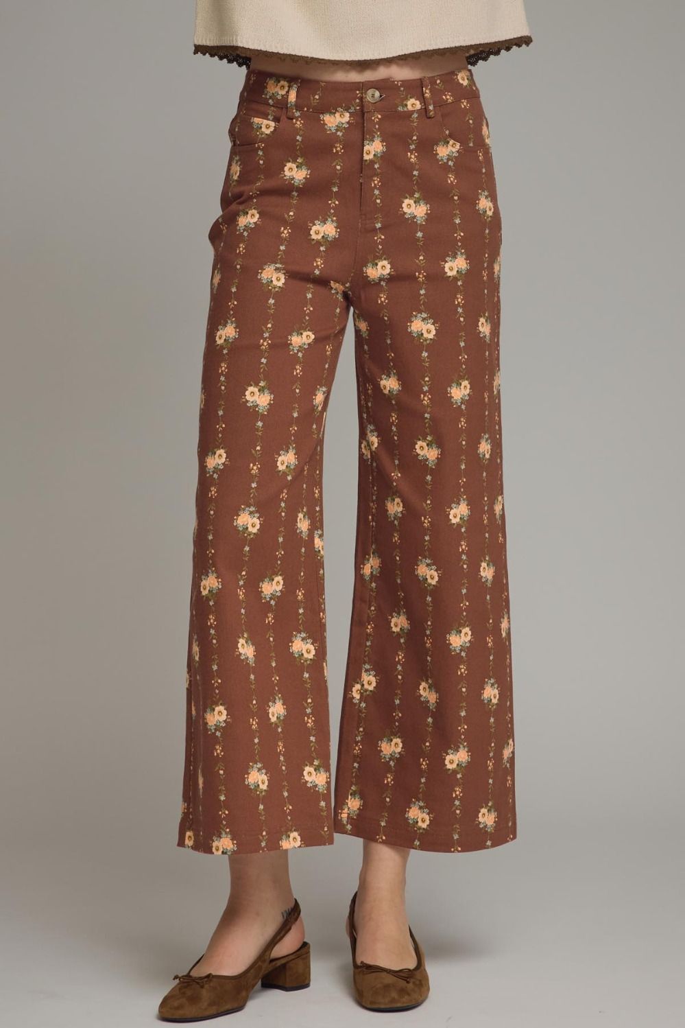 Floral Print Wide Leg Pants-Brown