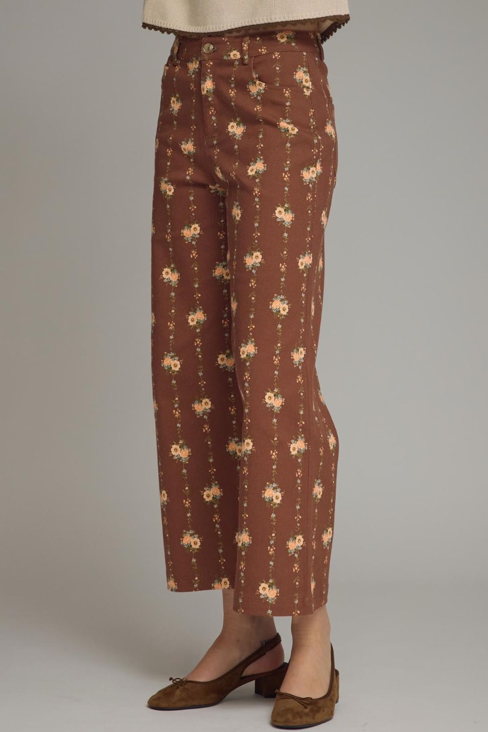 Floral Print Wide Leg Pants-Brown