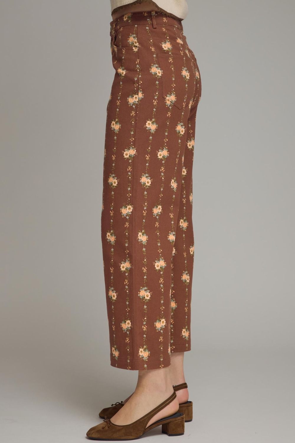 Floral Print Wide Leg Pants-Brown