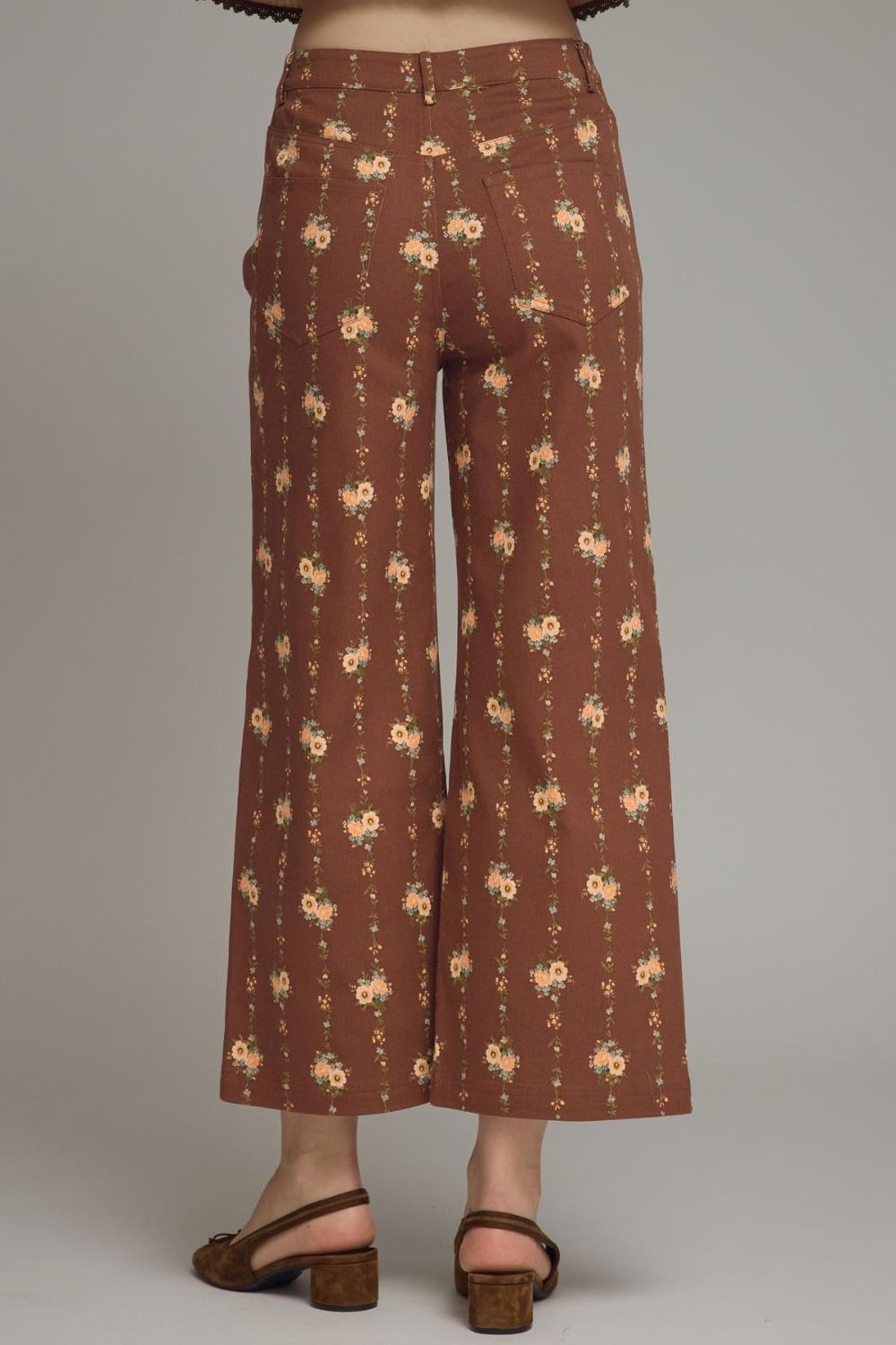 Floral Print Wide Leg Pants-Brown