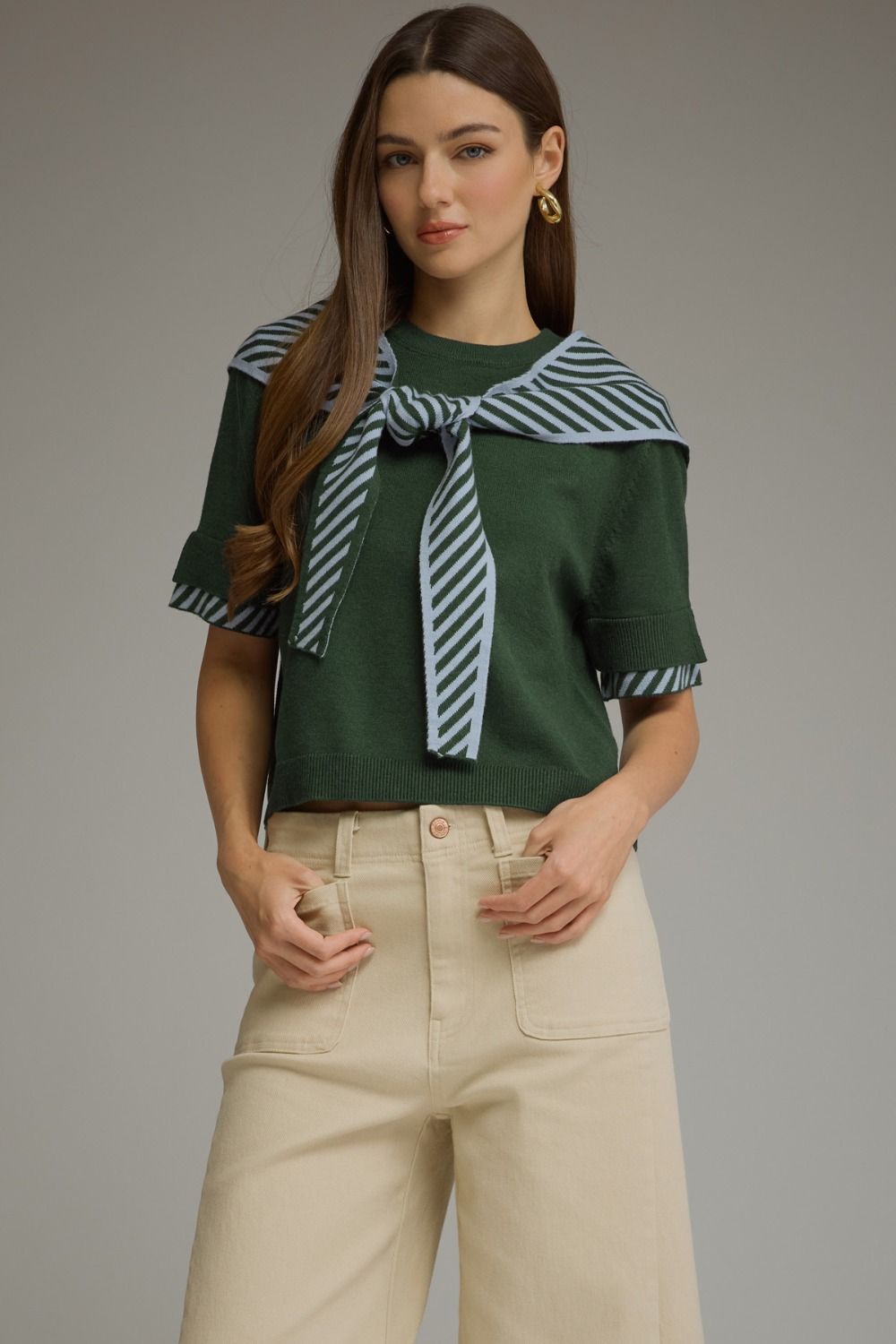 Striped Scarf Detail Knit Top-H Green