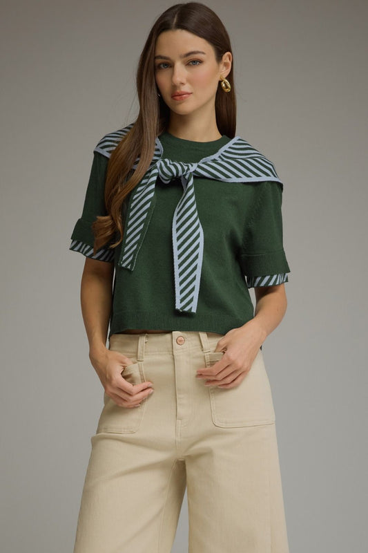 Striped Scarf Detail Knit Top-H Green