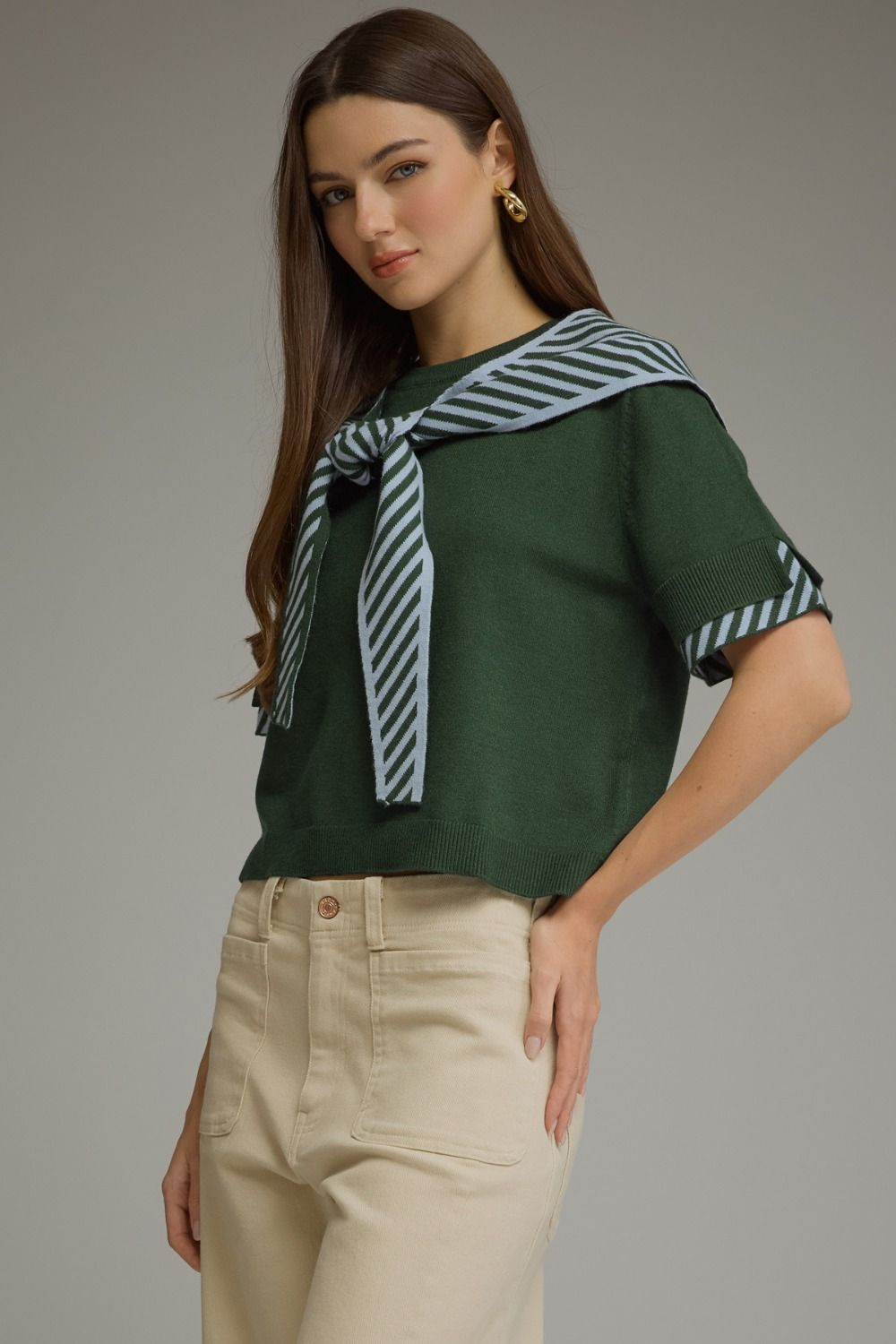 Striped Scarf Detail Knit Top-H Green