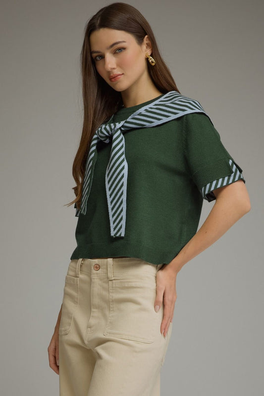 Striped Scarf Detail Knit Top-H Green