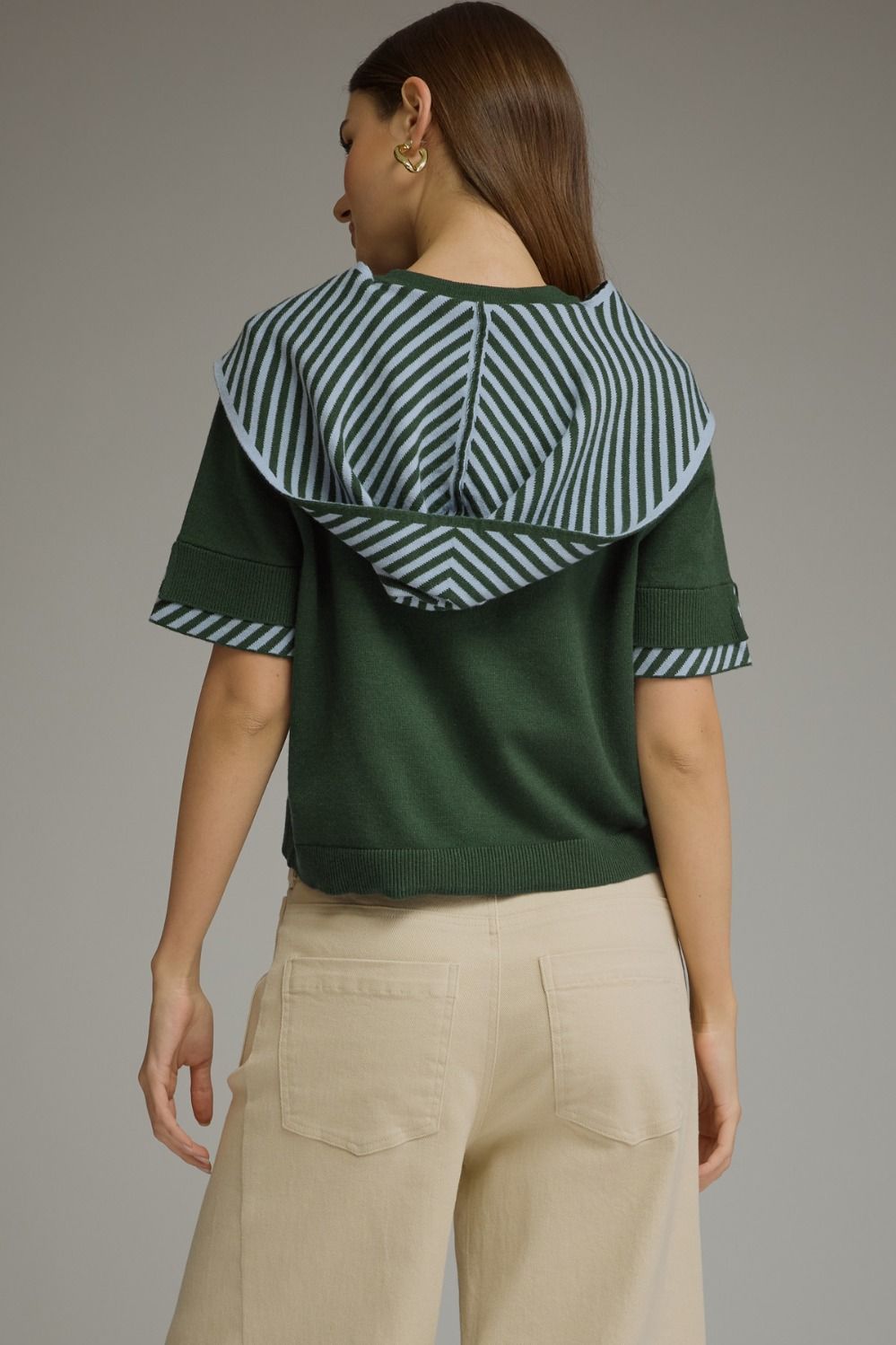 Striped Scarf Detail Knit Top-H Green