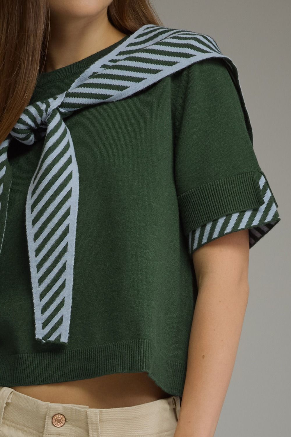 Striped Scarf Detail Knit Top-H Green