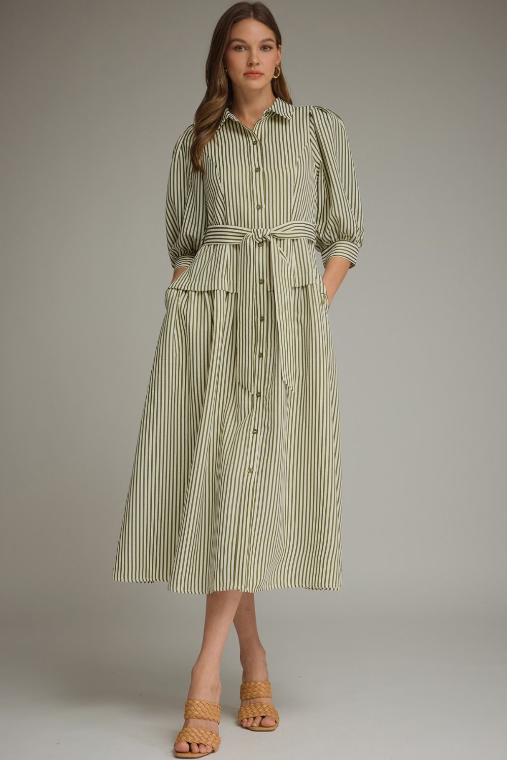Striped Collared Midi Dress-Olive