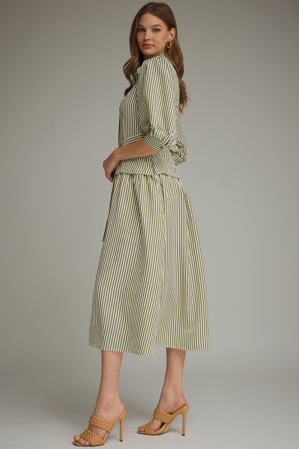 Striped Collared Midi Dress-Olive