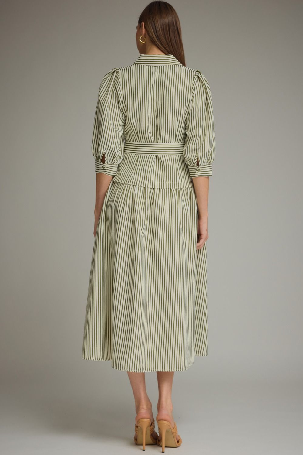 Striped Collared Midi Dress-Olive