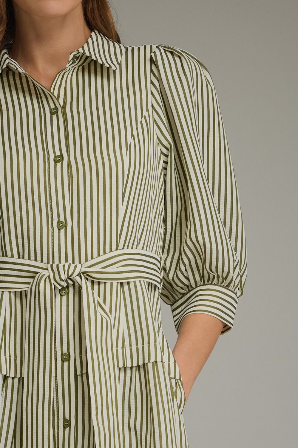 Striped Collared Midi Dress-Olive