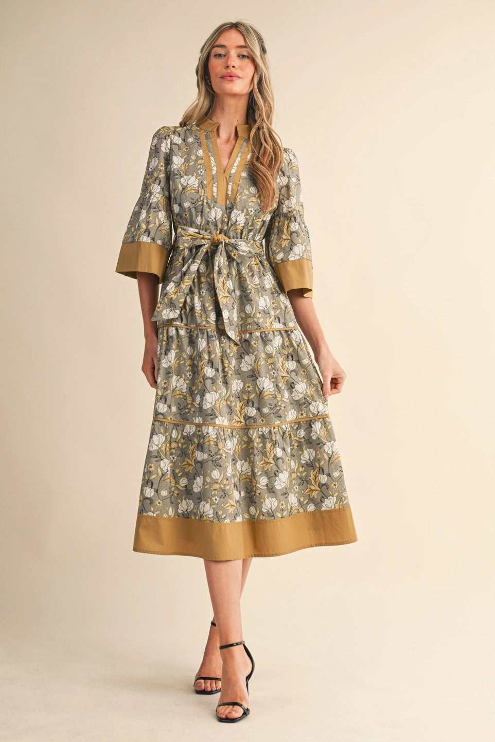 Floral Print Contrast Belted Midi Dress