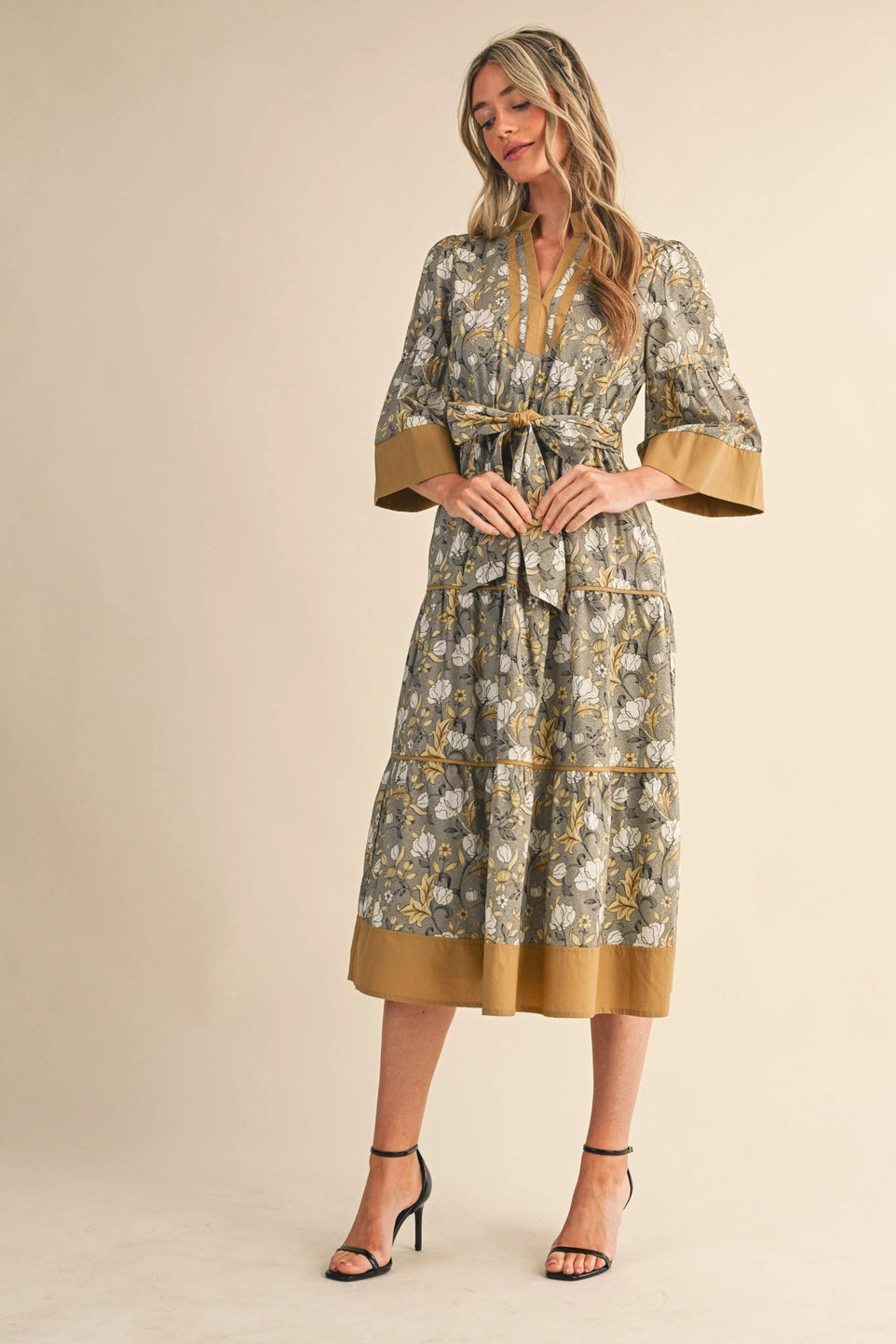 Floral Print Contrast Belted Midi Dress
