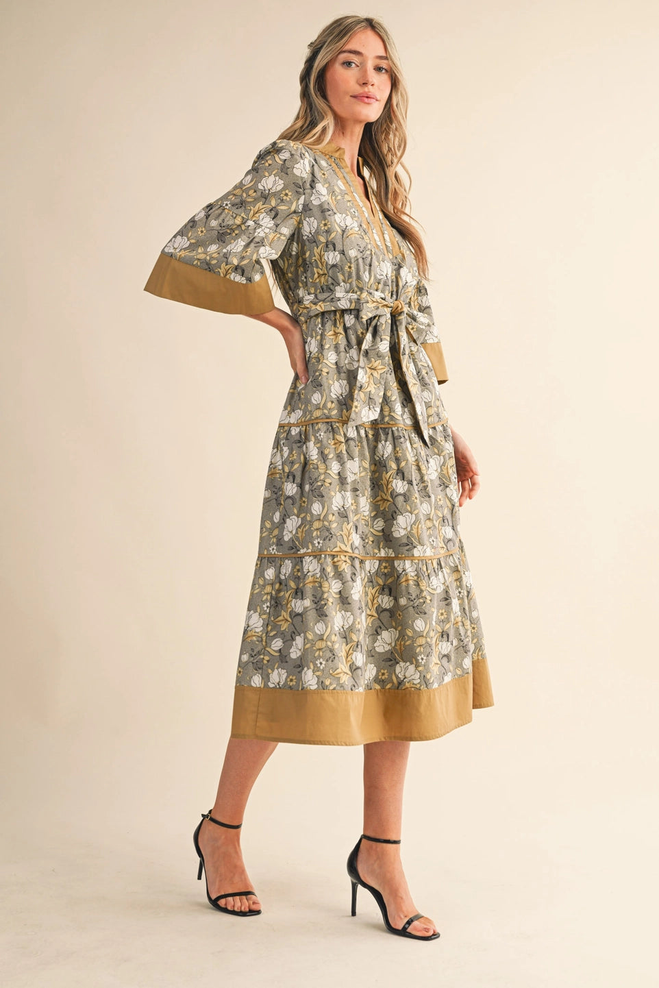 Floral Print Contrast Belted Midi Dress