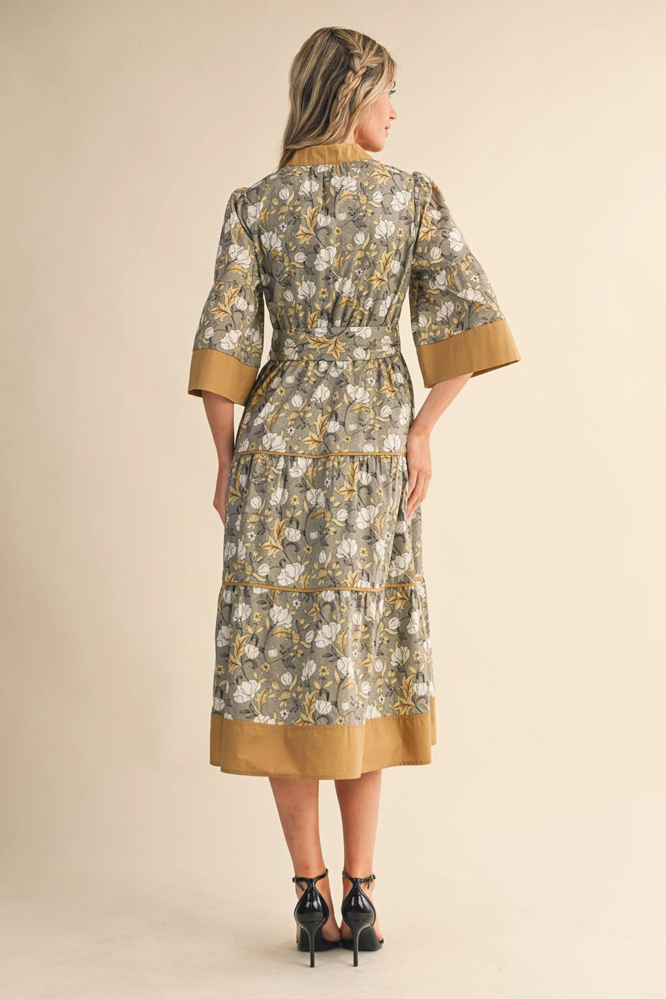Floral Print Contrast Belted Midi Dress