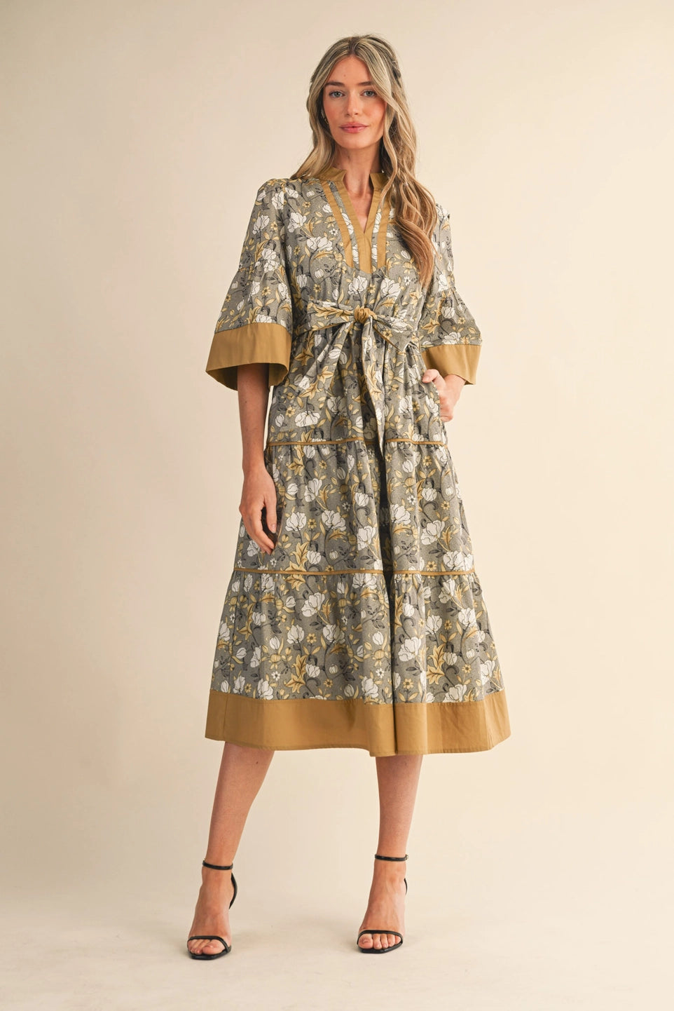 Floral Print Contrast Belted Midi Dress