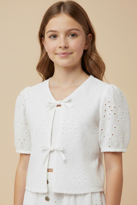 Girls Floral Eyelet Tie Detail Top