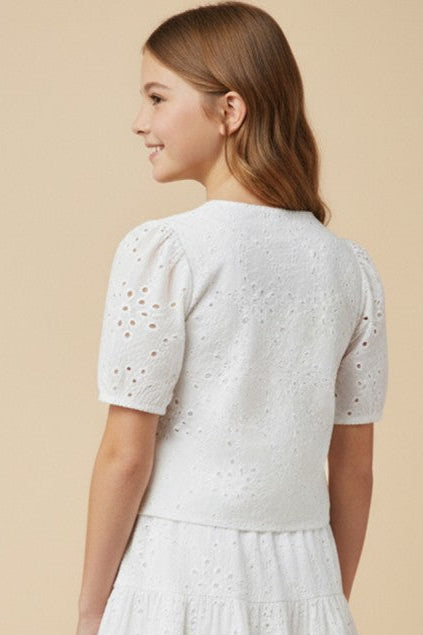 Girls Floral Eyelet Tie Detail Top