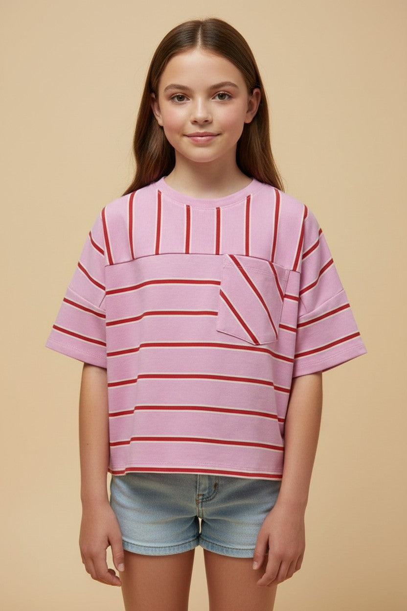 Girls Mixed Stripe Pocket Tee