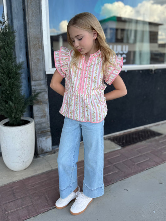 Hayden Girls Floral Striped Ruffle Top