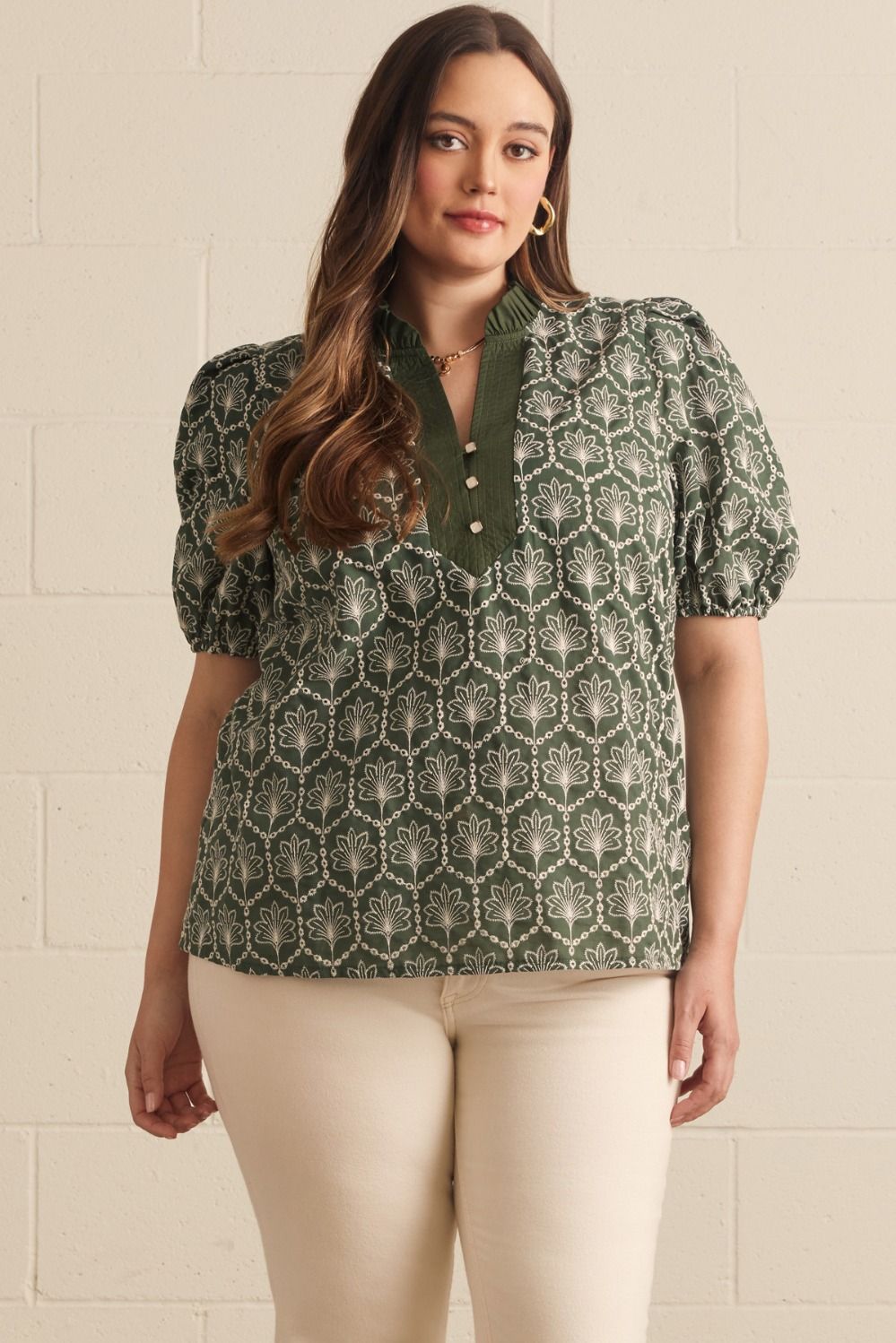 Curvy Embroidered Top- Army