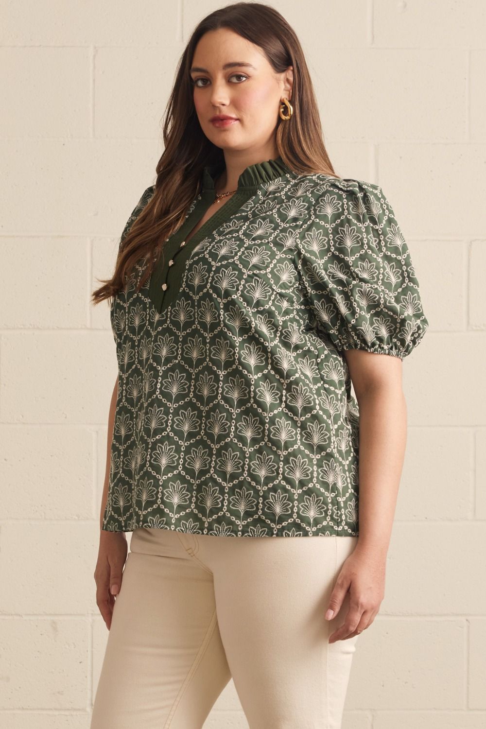 Curvy Embroidered Top- Army