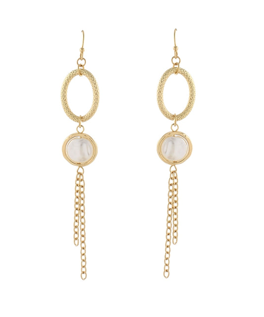 Oval w/Pearl & Fringe Chain Earrings
