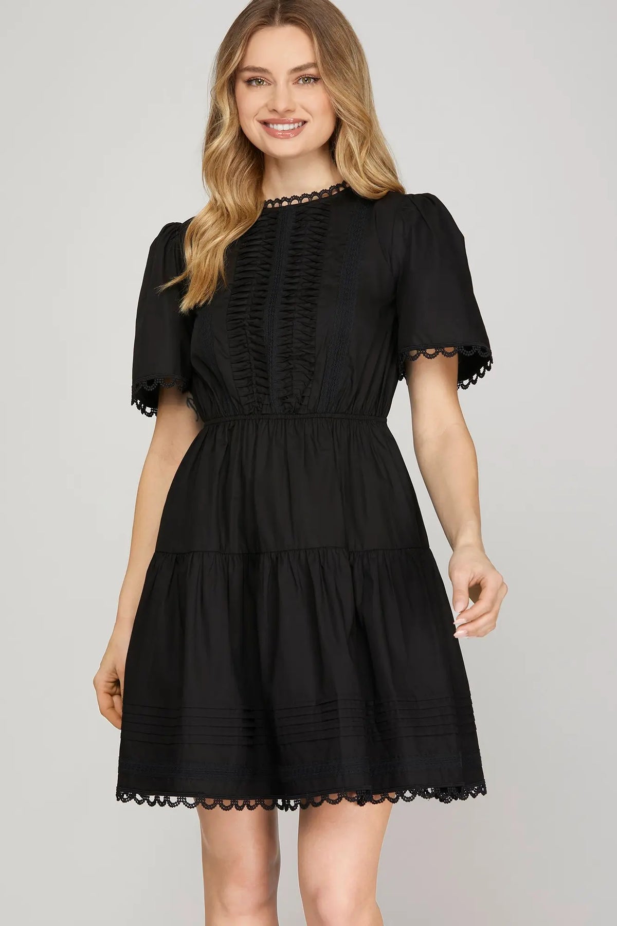 Lace Detail Mini Dress- Black