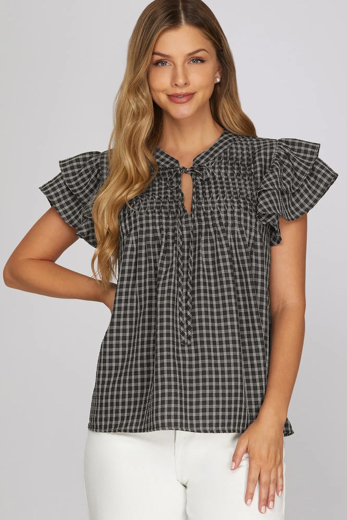 Ruffle Sleeve Gingham Top- Black