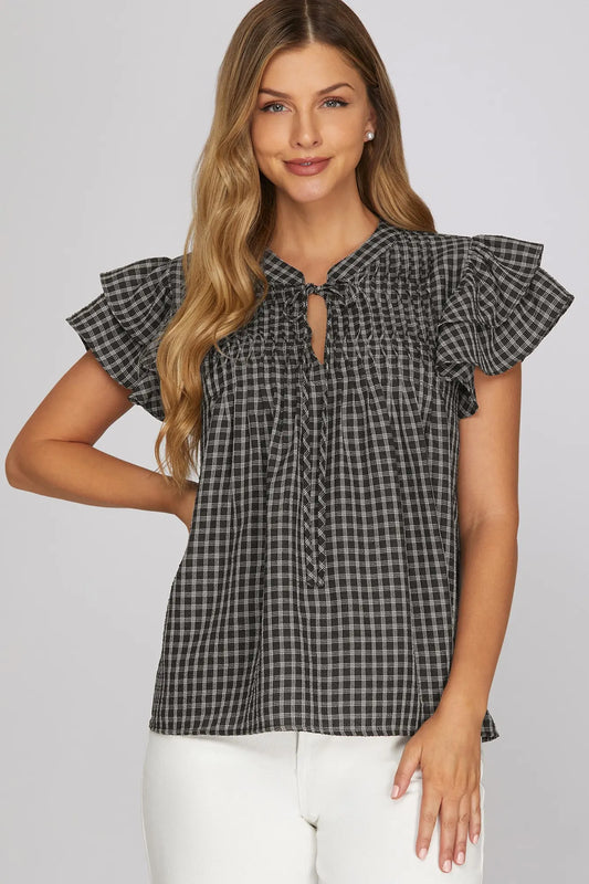 Ruffle Sleeve Gingham Top- Black