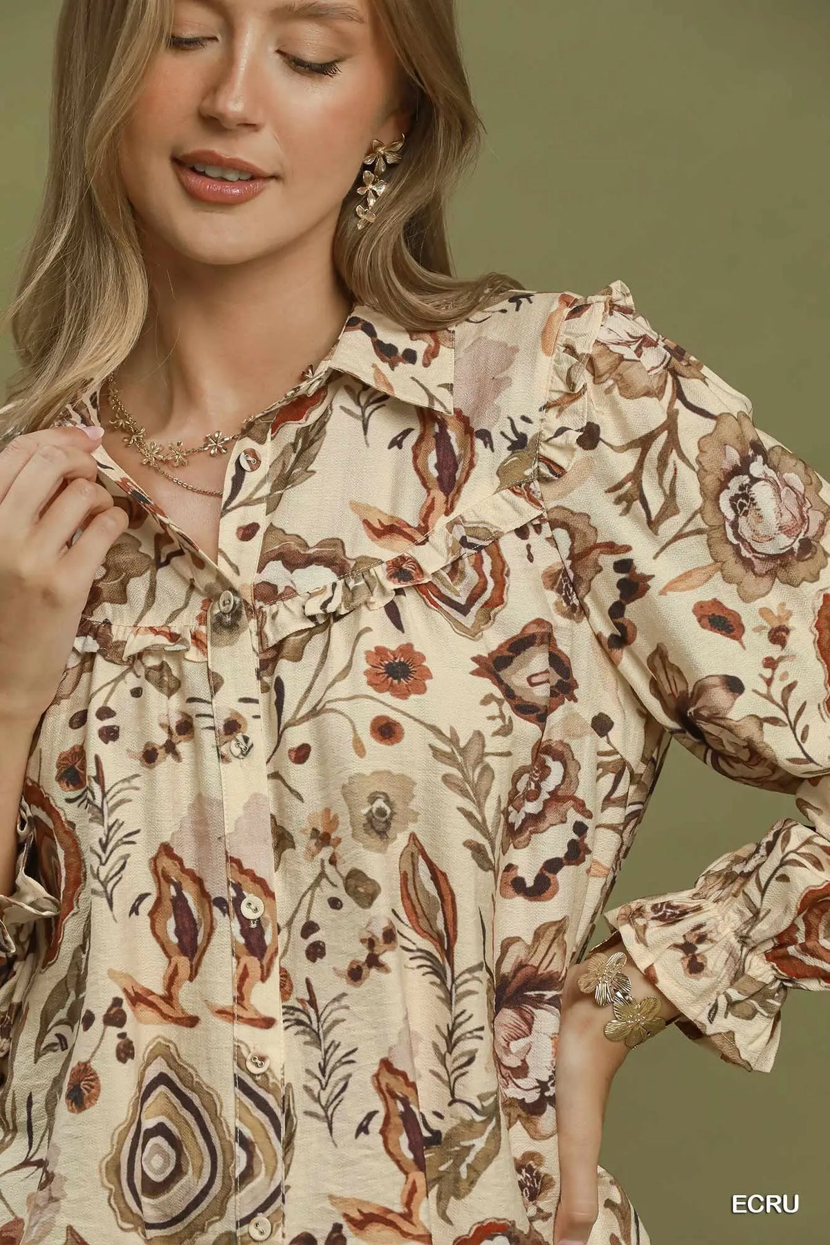 Boho Floral Ruffle Button-Up Top