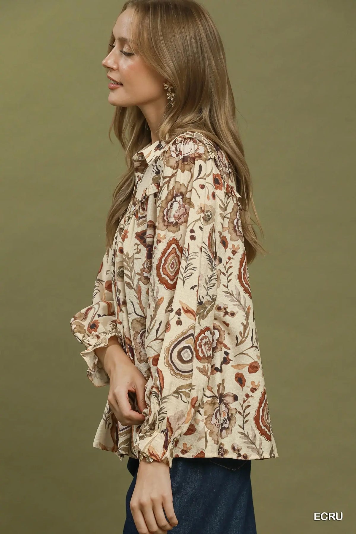 Boho Floral Ruffle Button-Up Top