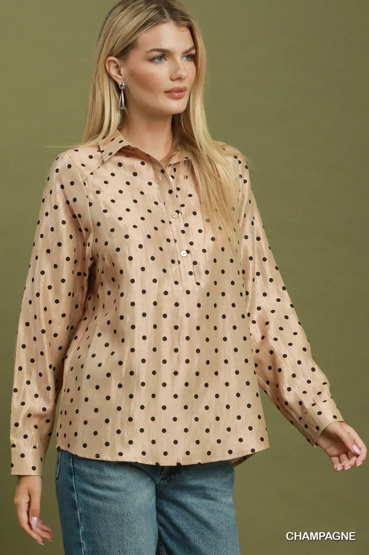 Polka Dot Satin Collared Blouse