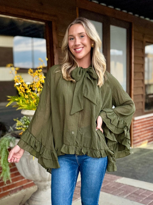 Tie Neck Ruffle Poncho Top