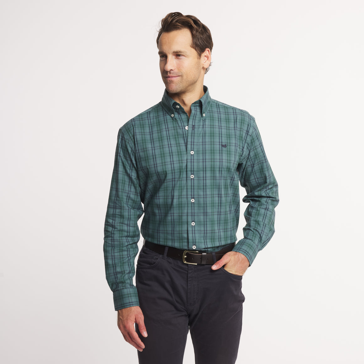 Southern Marsh Highlands Lattice Performance Dress Shirt-Dk Green & Sage