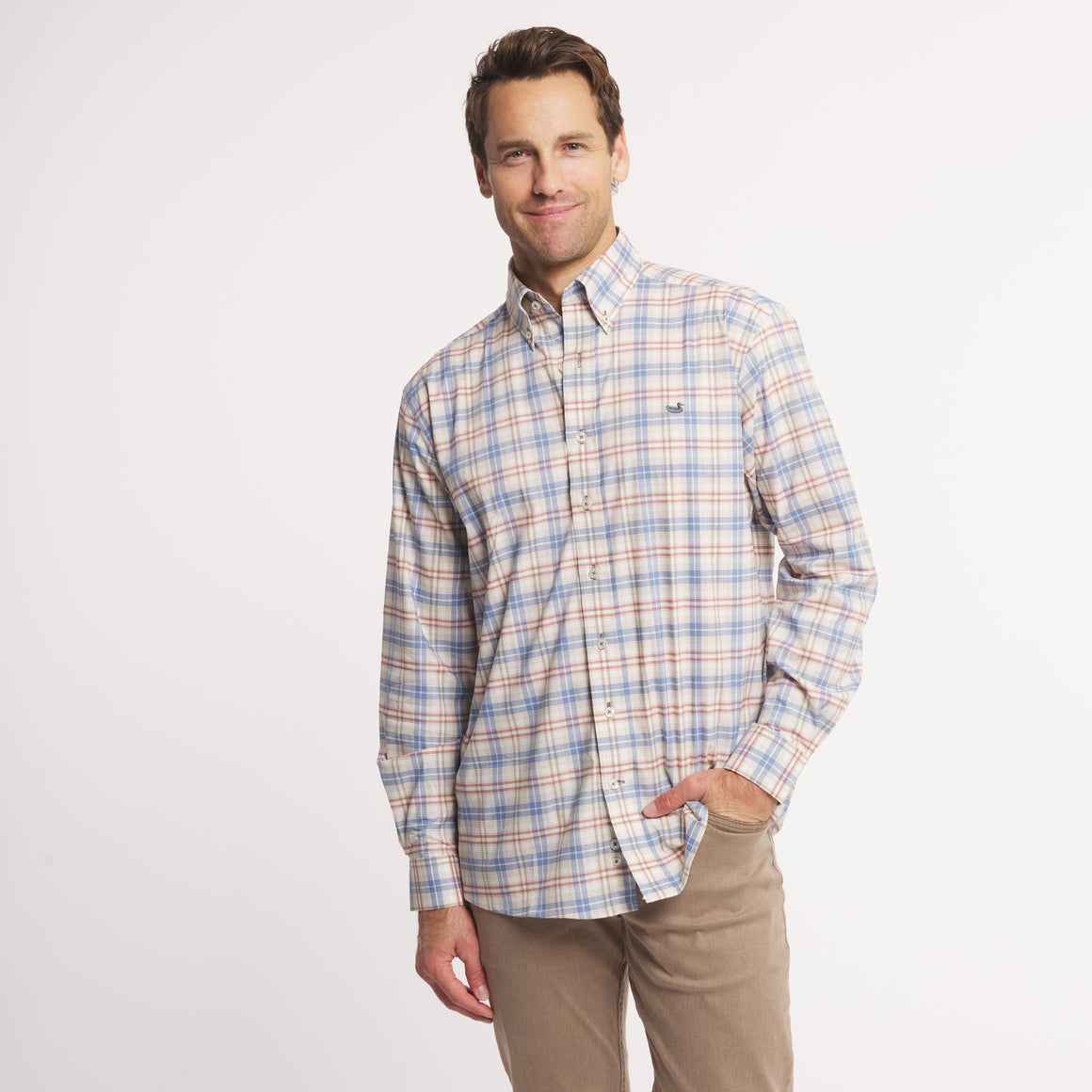 Highlands Lattice Performance Dress Shirt-Slate & Burnt Taupe