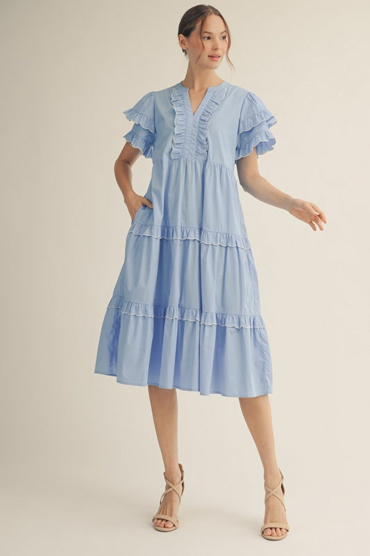 Embroidered Edge Ruffle Detail Midi Dress
