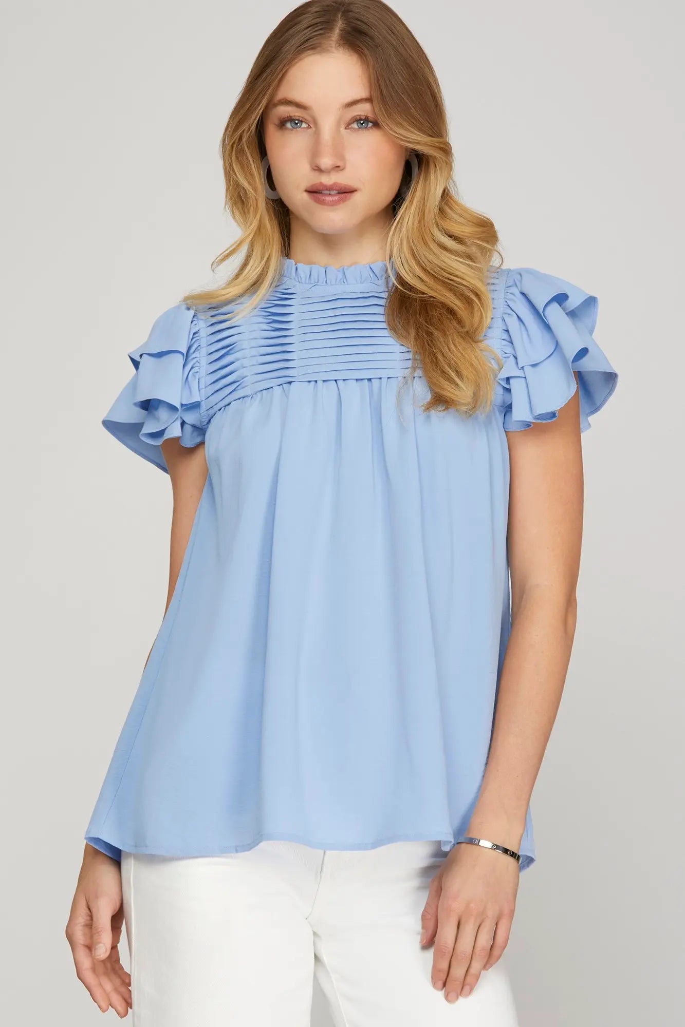 Ruffle Sleeve Pleated Woven Top